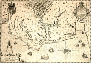 Karta över 1590 graverad av Theodore de Bry efter akvarell av den engelske kolonisten John White, guvernör i Roanoke. Virginia och kusten med små öar och Roanoke vid flodens mynning. Secotan och Weapemeocs hemländer. av Theodor de Bry