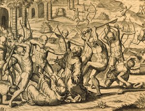 Martyrium för missionärsmunkar i Sydamerika, gravyr från Historia americae, av Theodor de Bry (1528-1598), Frankfurt