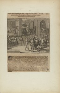 Mercatores Quidam cum Deessent Illis Cibi/Quibus Vescerentur in.... (från boken Americae, del fem) av Theodor de Bry