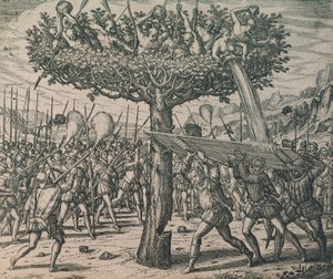 Infödda gömmer sig i träden och slåss mot erövrarna av Theodor de Bry