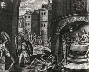 Präst dödar offer för falskt slagsmål och flår sedan kroppen, Mexiko, gravyr från Peregrinationes, av Theodor de Bry (1528-1598), Centralamerika av Theodor de Bry