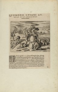Quomodo Guiani Au-/reas Suas Imagines/Fundere Soleant. (från boken Americae, del sju och åtta) av Theodor de Bry