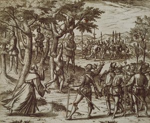 Dom till hängning av några män av Christopher Columbus i New World, av Theodore de Bry