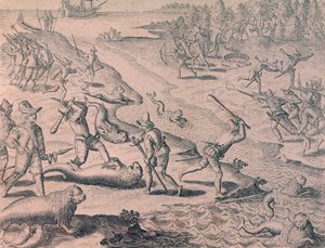Slakt av sjölejon av upptäcktsresande av Theodor de Bry