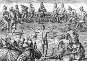 Timucua-indian med franska upptäcktsresande av Theodor de Bry