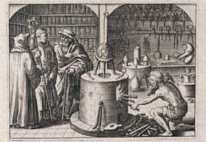 Tre forskare samtalar i alkemiverkstaden, med ugn och instrument - Gravyr av Theodore de Bry (1528-1598), för alkemiavhandlingen ""Tripus avreus, hoc est, Tres tractatus chymici selectissimi"" av Michael Maier (1569-1622)