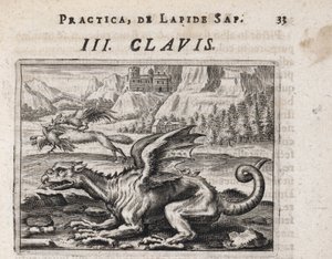 En drake, i bakgrunden, en hönsstjäl varg, attackerad av en tupp - Gravyr av Theodore de Bry (1528-1598), för alkemiavhandlingen ""Tripus avreus, hoc est, Tres tractatus chymici selectissimi" " av Michael Maier (1569-1622) av Theodor de Bry