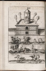 En alkemiugn och alkemins symboliska djur - Gravyr av Theodore de Bry (1528-1598), för alkemiavhandlingen ""Tripus avreus, hoc est, Tres tractatus chymici selectissimi"" av Michael Maier (1569 -1622)