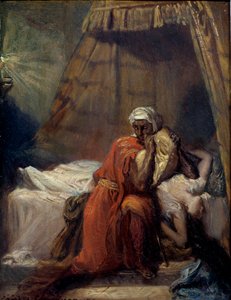 Desdemones död. Illustration av "Othello or the Moor of Venice" (Othello, the Moor of Venice) tragedi av William Shakespeare (1604). Målning av Theodore Chasseriau (1819 - 1856)