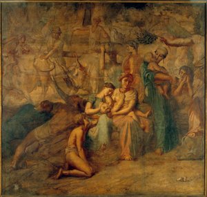 Fredsallegorisk framställning med mor och barn och flockar. Målning av Cour des comptes-trappan av Theodore Chasseriau (1819-1856) 1800-talets sön. 3,4x3,6 m av Théodore Chassériau