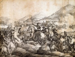 Slaget vid Chacabuco, februari 1817, som dekreterade Jose De San Martins seger över spanska, av Theodore Gericault, ritning, Argentina av Theodore Gericault