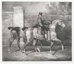 Två hästar som rids av en jockey (A Groom Exercising Two Horses) av Theodore Gericault