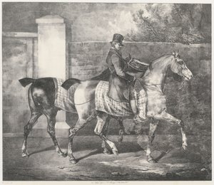 Två hästar som rids av en jockey (A Groom Exercising Two Horses) av Theodore Gericault