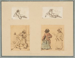 Fyra teckningar: Två liggande manliga nakenstudier och två studier av ottomanska figurer av Theodore Gericault