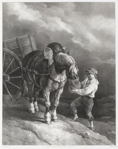 Pojke som matar havre till en uppspänd häst (A Boy Giving Oats to a Hitched Horse) av Theodore Gericault
