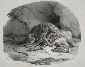 Häst slukade av ett lejon av Theodore Gericault