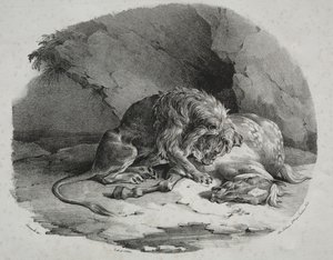 Häst slukade av ett lejon, 1823. av Theodore Gericault
