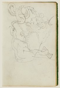 Lejon som attackerar en orm ovanför en nakenmodell av Theodore Gericault