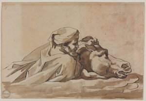 Man som håller i en häst i vatten, efter Poussins "Syndafloden" (recto), ca 1816 (penna och brunt bläck samt pensel och brun lavering över grafit) av Theodore Gericault