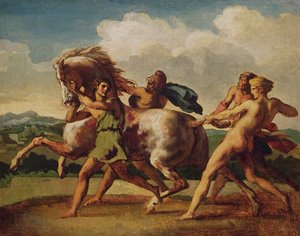 Slavar som stoppar en häst, studerar för "The Race of the Barbarian Horses", 1817 av Theodore Gericault