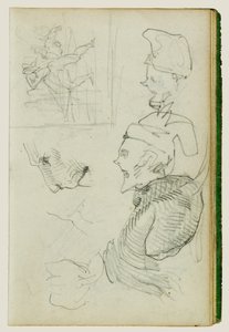 Studier av lejon, kompositionell gruppstudie av figur, två karikatyrstudier av huvud av Theodore Gericault