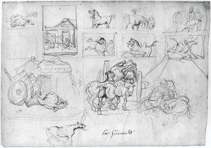 Avbildning av hästar (framsidan); En vagn med en skyltbärare i släptåg (baksidan) av Theodore Gericault
