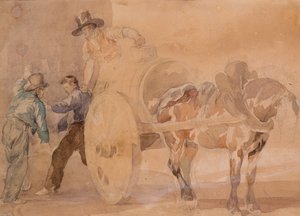 Tre män som lossar en vagn (akvarell över spår av penna på papper) av Theodore Gericault