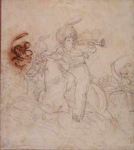 Trumpetare låter laddningen (penna, penna och brunt bläck) av Theodore Gericault