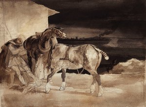 Två hästar och en sovande brudgum, ca 1822-1823 av Theodore Gericault