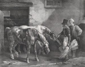 Två stolphästar vid dörren till ett stall, 1822. av Theodore Gericault