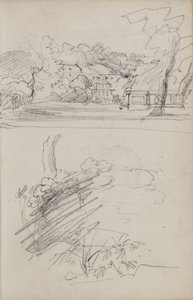 Utsikt över ett lanthus samt studier av buskar och lövverk av Theodore Gericault