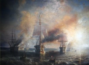 Franska:  La flotte française se rendant de Cherbourg à Brest, 1858 Den franska flottan seglade från Cherbourg till Brest, 1858