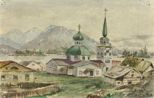 Bakifrån av den grekiska kyrkan, Sitka, 1888. av Theodore J. Richardson