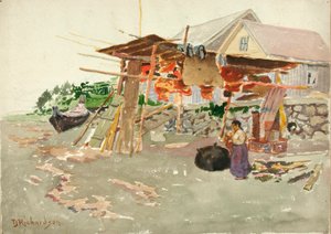Laxtorkning, Indian Village, Alaska, ca. 1880-1914.