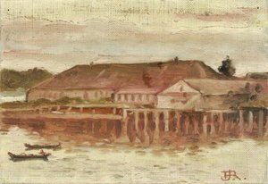 Handelsplats och hamnbyggnader, Sitka, kväll, ca. 1880-1914.