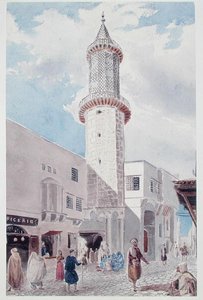 Moskéns minaret på Rue de Chartres och Rue Bab-Azoun, Alger (akvarell på papper)
