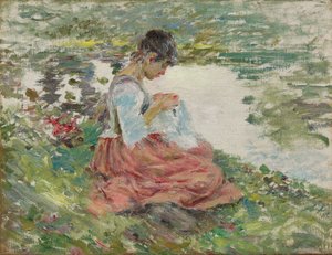 Girl Sewing by River, c.1891 av Theodore Robinson