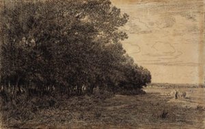 En liten grupp höga träd vid Macherin-skogen av Theodore Rousseau
