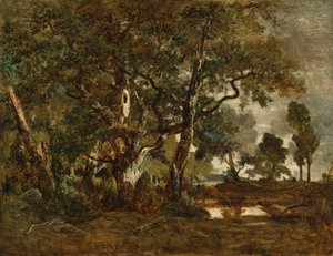 Fontainebleau-skogen, grupp av höga träd med utsikt över Clair-Bois-slätten i utkanten av Bas-Bréau av Theodore Rousseau
