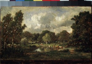 Kor på vattningsställe. Målning av Theodore Rousseau (1812-1867). Olja på trä