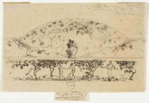 Jupiter och Alcmene och nymfer och satyrer på en frismedaljong, studie för dekoration av en ram