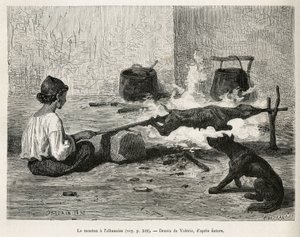 En ung montenegrin som steker ett får med albanen, sitter framför brasan och vrider hela tiden på tränålen. Gravyr efter Valerios teckning, för att illustrera resan till Dalmatien, av Charles Yriarte, 1874, publicerad i "" Le tour du mon