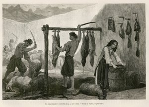 Beredningen av castradina, specialitet av kött av får och get saltat och bucanee, mot slutet av oktober, i Dalmatien (Istrien och Hercegovina (Kroatien)), teckning av Valerio, för att illustrera resan till Montenegro, 1874, av Charles Yriarte