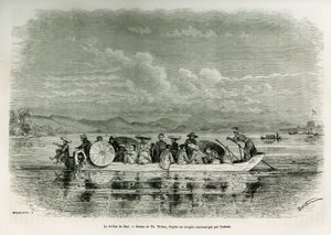 En båt på floden Hue (Vietnam), teckning av Th. Weber, för att illustrera historien om åtta dagars ambassad i Hue (Kingdom of Annam), 1875, av Mr. Brossard de Corbigny, löjtnant (N), knuten till uppdraget. Gravyr i Le tour du monde