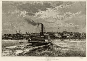 Ankomst till Victoria, Kanada. Gravyr av Th.Weber, för att illustrera berättelsen ""Transcanadien och Alaska"" av E.Cotteau, 1890, i Le tour du monde, nouveau journal des voyages, redigerad av Edouard Charton (1807-1890), 2:a terminen 1891 , upplaga Hachet av Theodore Weber