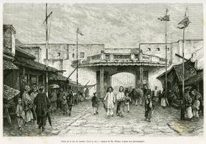 Canton Street Gate i Hanoi. Gravyr av Th. Weber, från ett fotografi, för att illustrera historien Trente mois au Tonkin 1884, av doktor Hocquard, i tour du monde 1889, under ledning av Edouard Charton (1807-1890), Hachette, Paris.