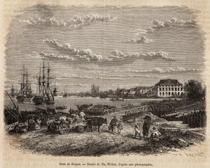 La rade de Saigon, gravyr efter en teckning av T. Weber, som illustrerar resan till Cochinchina, av doktor Morice, 1872, publicerad i "" Le tour du monde""" 1875, redigerad av Edouard Charton, Hachette-upplagan, Paris. Selva samling.