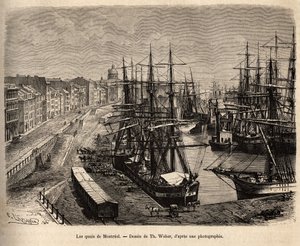 Les quais de Montreal, gravyr efter teckning av Th. Weber, som illustrerar utflykten till Kanada och Riviere Rouge du nord, av H. De Lamotte, 1873, publicerad i "" Le tour du monde""" 1875, redigerad av Edouard Charton, Hachette-upplagan, Paris. Selv av Theodore Weber