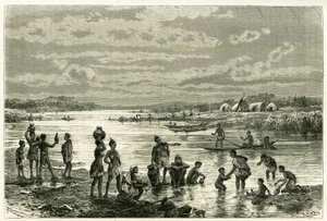 Livet på stranden av floden Zambeze, marutserna är mycket bekymrade över sin renhet och tvätt för dem är en aktivitet av första nödvändighet. Gravyr av Th. Weber, för att illustrera berättelsen "Au pays des Marutses", 1875-1879, av Dr. Emile Holu av Theodore Weber