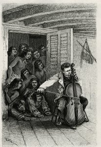 Porträtt av resenärens författare, spelar cello och lockar en publik av nyfikna. Gravyr av Th.Weber, för att illustrera berättelsen "" Les Iles Wallis"", av Dr. Emile Deschamps, läkare major vid 80:e infanteriet. Publicerad i Le Tour du monde, nou av Theodore Weber